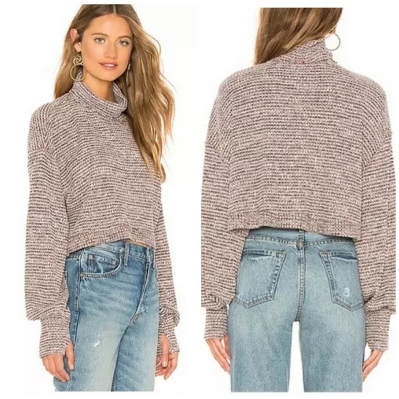 Free People Sweaters - Free People White and Burgundy Waffle Knit Oversize Cropped Turtleneck Sweater